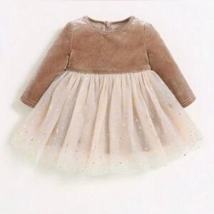 Baby Girl Contrast Star Mesh Overlay Velvet Dress